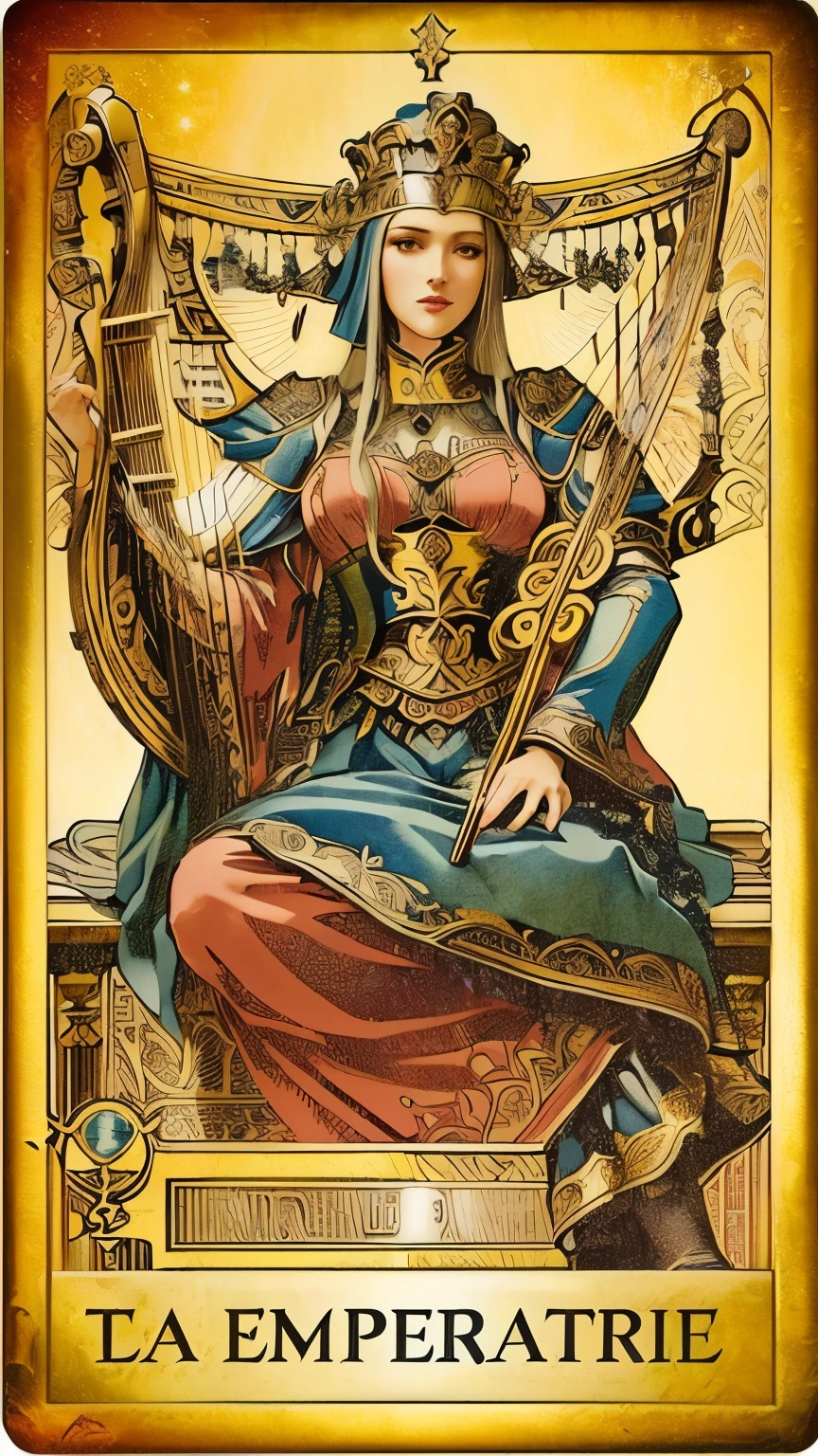 a picture of a woman sitting on a chair with a harp, old-fashioned tarot card, tarot card the empress, the empress tarot card, tarot card the chariot, the justice tarot card, tarot design, complex tarot card background, tarot card style, as a tarot card, tarot style, tarot card, tarot cards characters, tarot card art, tarot card design