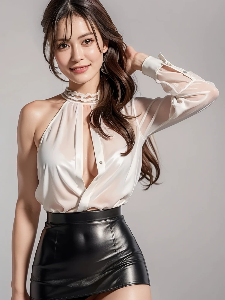highest quality:1.3, masterpiece, Ultra-high resolution, realistic:1.3, solo:1.3, ((Clear Face)), sidelighting, cowboy shot, Toned body (looking at camera:1.3), white background, (black blouse, black leather miniskirt), standing, Showcasing cleavag, arms at sides, (medium busts), smile