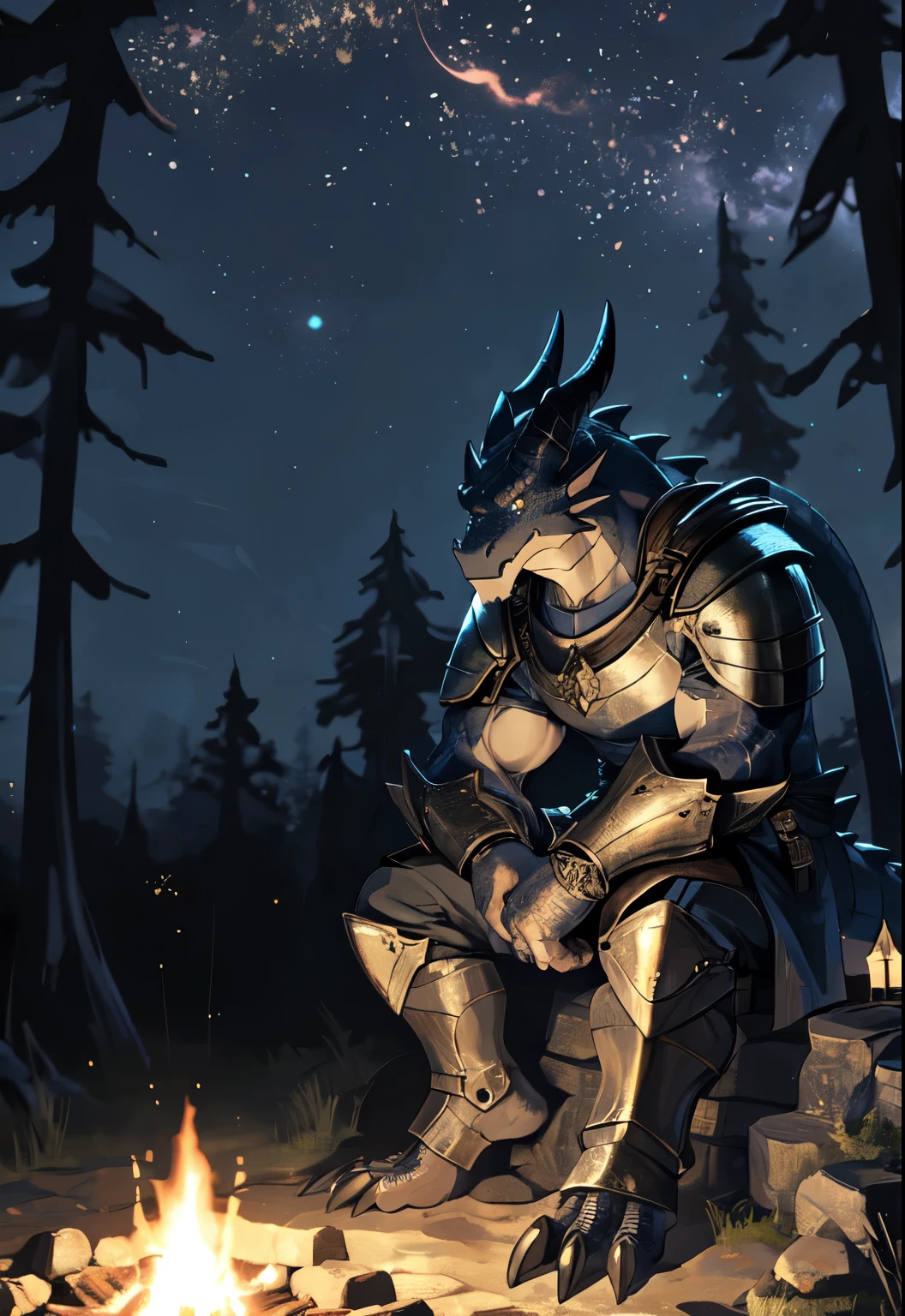 solo, kemono, (dragon), anthro, male, ((black body)), scales, tail, muscles, handsome, armor, medieval, fantasy, outdoors, outside, dark, night, forest, campfire, camp, stars, sitting, toe claws, epic, depth of field, perfect lighting, (light particles),(best quality),(masterpiece),(ultra detailed),sharp focus,light particles