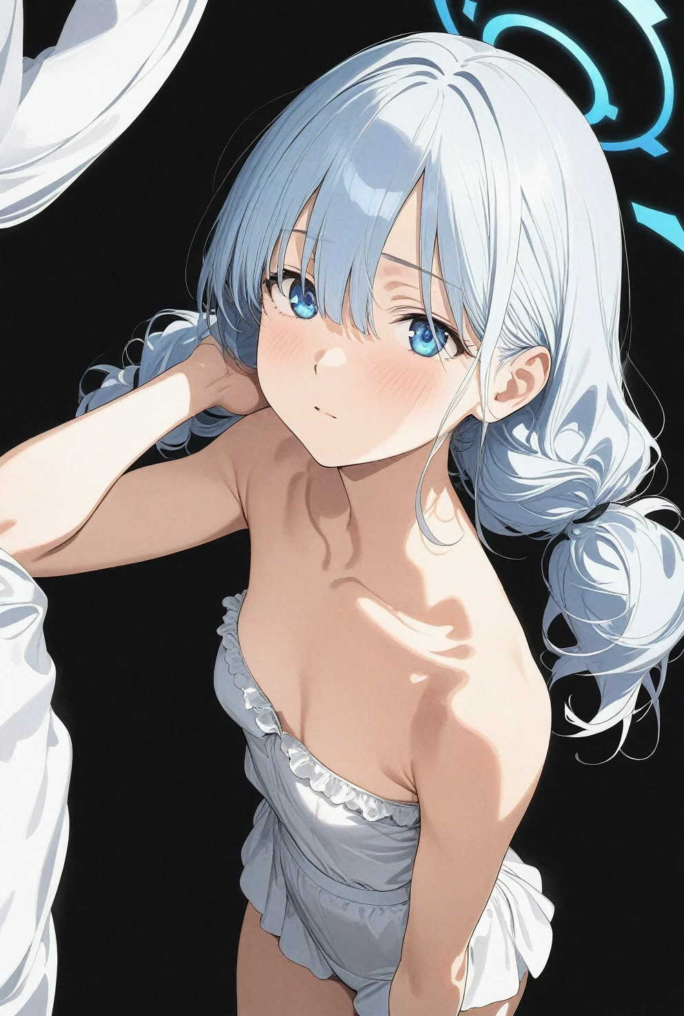 masterpiece, absurdres, high quality, highres, best quality, 1girl, arona (blue archive), blue archive, blue eyes, strapless, (artist official art:1.5), (realistic face), (narrowed eyes), (from above:0.8), (cowboy shot:1.5), (concept art:1.5), panties, (thigh), expressive eyes, perfect face, 4k, extremely detailed anime illustration, extremely detailed eyes, enhanced details, perfect anatomy, light rays, photo background, extremely delicate body, smooth skin, feminine expression, (black background:2), cristal clear eyes, beautiful face,