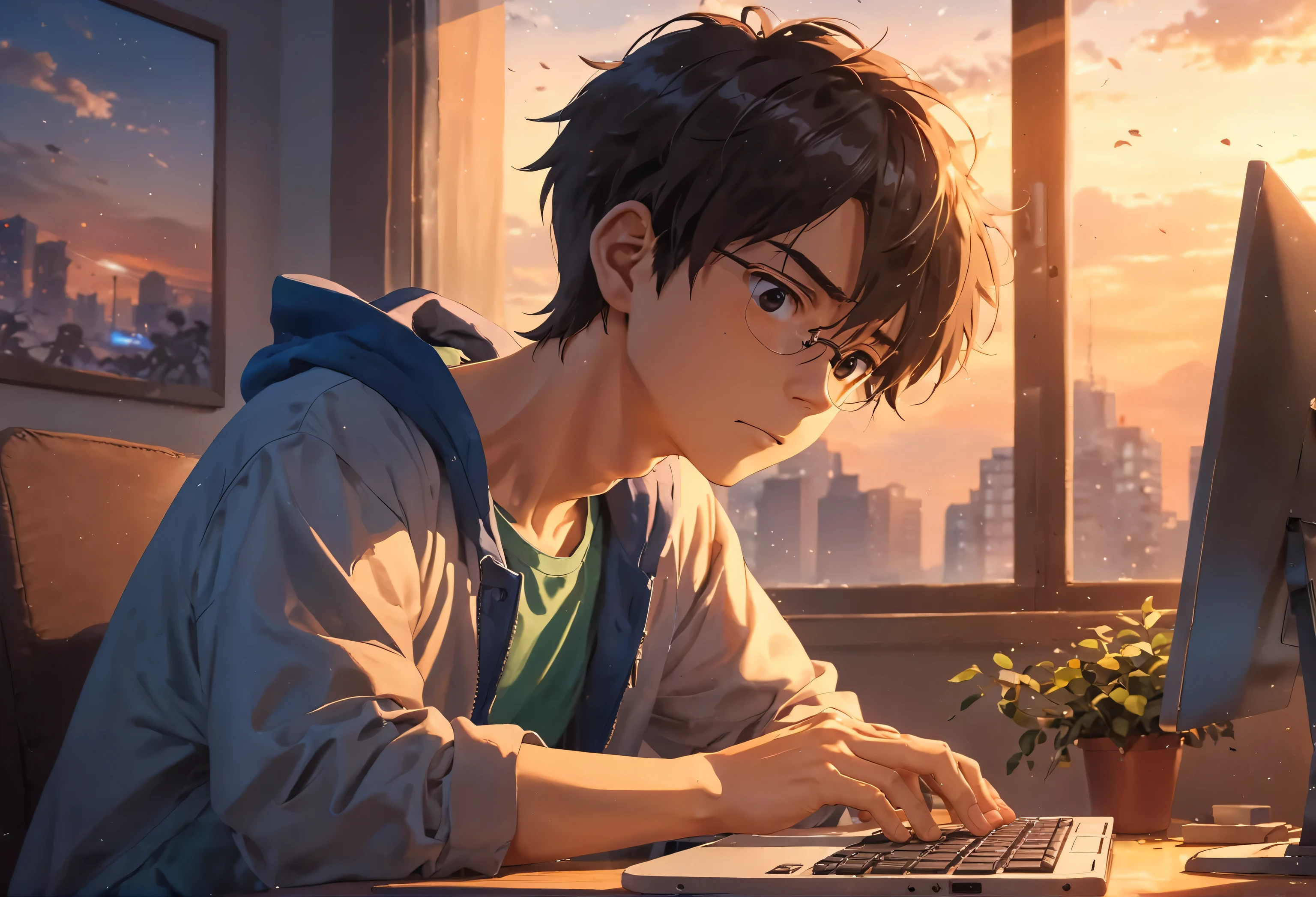 anime boy sitting at a desk with a computer and a plant, makoto shinkai. digital render, makoto shinkai style, makoto shinkai art style, young anime man, digital anime illustration, anime style 4 k, anime moe artstyle, digital anime art, high quality anime artstyle, handsome anime pose, detailed digital anime art