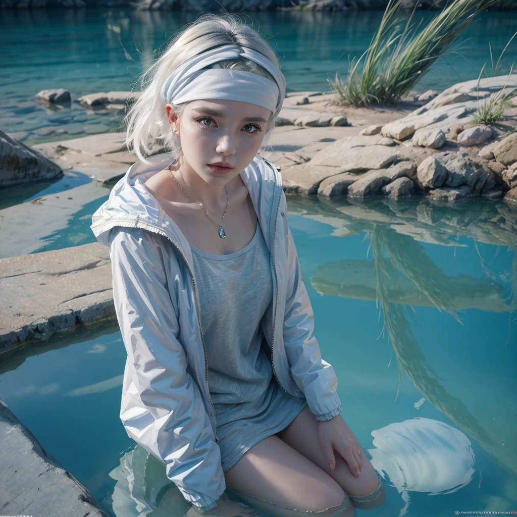 Short white hair girl, with white jacket and headband, reflected in crystal clear waters,full HD,8k,realist