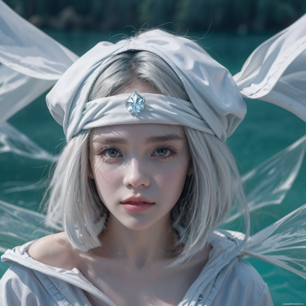 Short white hair girl, with white jacket and headband, reflected in crystal clear waters,full HD,8k,realist