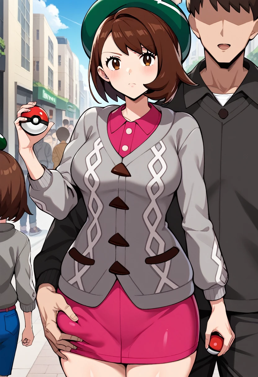 score_9, score_8_up, score_7_up, source_anime BREAK 1girl, gloria (pokemon),brown eyes, brown hair, green hat, grey cardigan, cable knit, pink dress, long sleeves, collared dress, looking at viewer, serious, standing, holding poke ball, outside, city, street, crowd, BREAK 1boy, (faceless male), size difference, medium breasts, ass grab, netorare, cheating (relationship), cowboy shot, close up, multiple views, ass, groping, skindentation, rating_safe