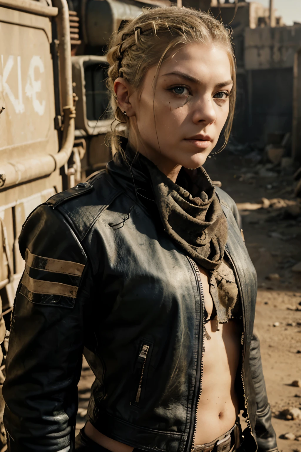 Biker girl with blonde hair shaved on the side of the head is shaved close to the scalp in an undercut style. Natalie Dormer's face. Worn and old leather clothes with jacket with a neckerchief. She wears old combat boots. The hands are bandaged. She has bright blue eyes. The environment is post-apocalyptic desert. A Wasteland. Mad Max. Fury Road. Cressida.