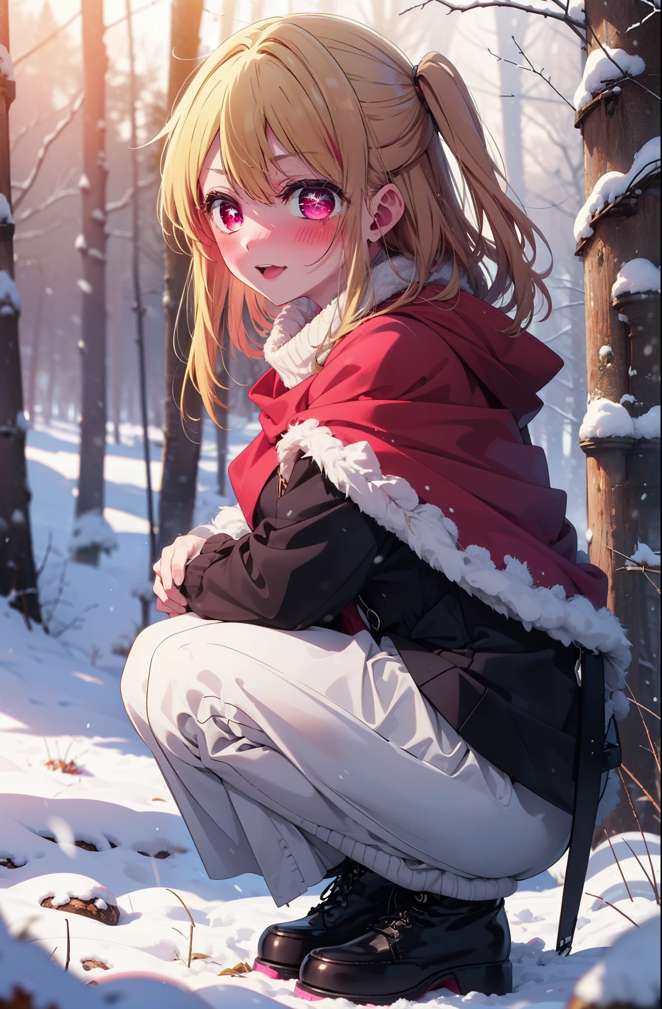 rubyhoshino, Hoshino Ruby, Long Hair, bangs, Blonde, (Pink Eyes:1.3), Side Lock, (Symbol-shaped pupil:1.5), Multicolored Hair, Two-tone hair, smile,,smile,blush,White Breath,
Open your mouth,snow,Ground bonfire, Outdoor, boots, snowing, From the side, wood, suitcase, Cape, Blurred, , forest, White handbag, nature, Squat, Mouth closed, Cape, winter, Written boundary depth, Black shoes, red Cape break looking at viewer, Upper Body, whole body, break Outdoor, forest, nature, break (masterpiece:1.2), Highest quality, High resolution, unity 8k wallpaper, (shape:0.8), (Beautiful and beautiful eyes:1.6), Highly detailed face, Perfect lighting, Highly detailed CG, (Perfect hands, Perfect Anatomy),