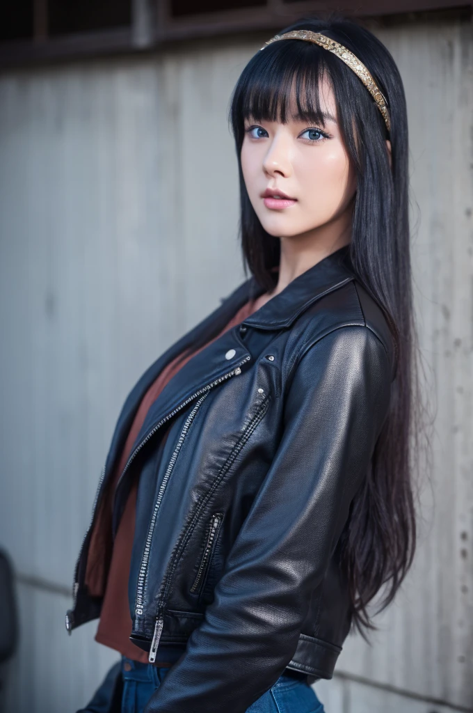 30-year-old woman,Black Hair,Asian,Korean style long hair,Headband,Long Bangs,Blue Eyes,Dark Skin,leather jacket,Tattoo