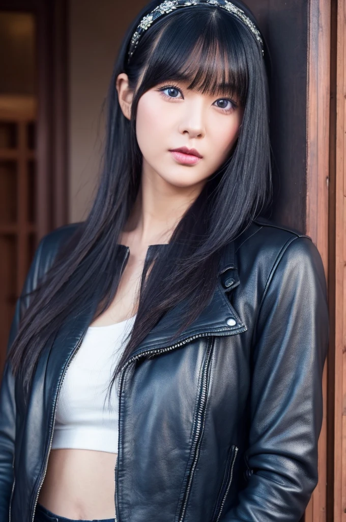 30-year-old woman,Black Hair,Asian,Korean style long hair,Headband,Long Bangs,Blue Eyes,Dark Skin,leather jacket,Tattoo