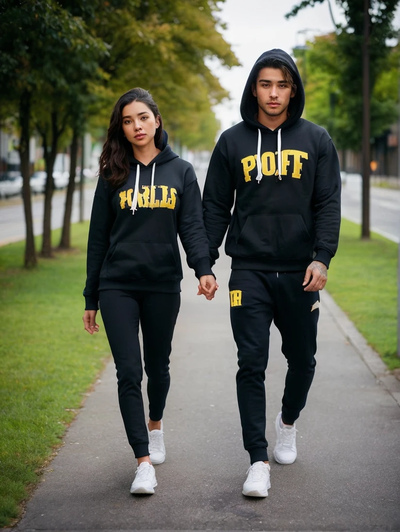 A handsome man in a hoodie is holding the hand of a beautiful woman in a hoodie. Urban street background