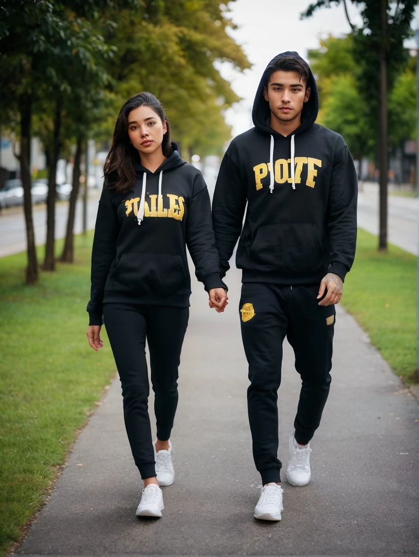A handsome man in a hoodie is holding the hand of a beautiful woman in a hoodie. Urban street background