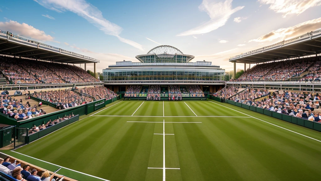 a panoramic view of LONDON Wimbledon striped tennis court in on a sun day, where golden light bathes the iconic clay courts. Without players. The stadium’s modern yet elegant architecture frames the action against the London city skyline with london eye. This panoramic view captures the timeless allure of tennis and the vibrant spirit of London on a bright day
