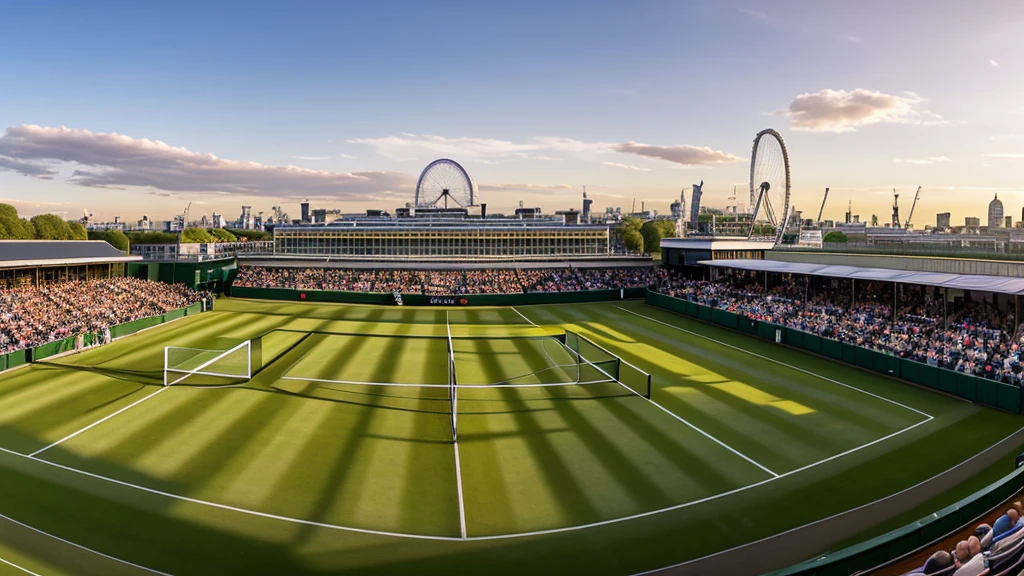 a panoramic view of LONDON Wimbledon striped tennis court in on a sun day, where golden light bathes the iconic clay courts. Without players. The stadium’s modern yet elegant architecture frames the action against the London city skyline with london eye. This panoramic view captures the timeless allure of tennis and the vibrant spirit of London on a bright day