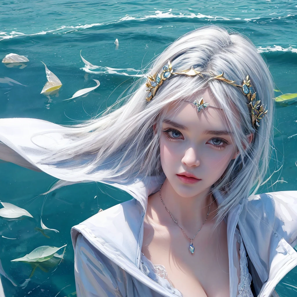 Short white hair girl, with white jacket and headband, reflected in crystal clear waters,full HD,8k,realist
