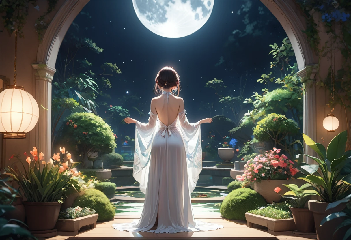 8k,((Highest quality)),((high-res)),back view of 1 woman,moon, A magical indoor garden