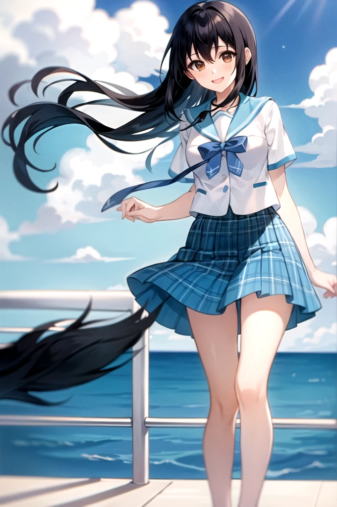 ((masterpiece)),( Highest quality), ultra-detailed, Details,1人のgirl, 1girl, 一人in, length_hair, Looking_in_Audience, short_hair, 前hair, black_hair, ribbon, hair_between_eye, brown_eye, girl, , Sailor suit, mini skirt, , null, Ocean、Future City Port、The wind is blowing、Perfect promotion、Fluttering skirt、The best smile、serafuku blue bow blue skirt plaid skirt