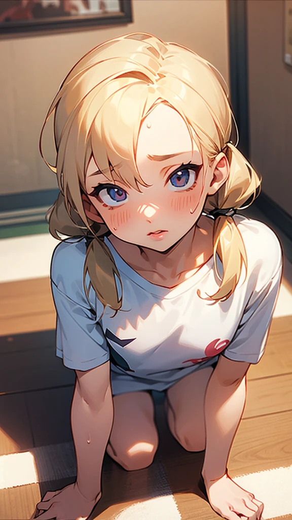 nsfw,(Petite),(A cute boy),blonde low twintails,lips,(Chest Voyeur),Sweat,White Breath,Audience peering from above,On all fours,T-Shirts