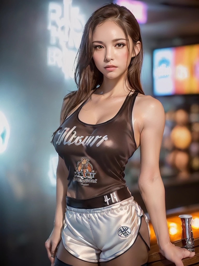 masterpiece,Highest quality,Very detailed,High resolution,8K,wallpaper,Perfect lighting,break(One Woman),(Mature woman working as a waiter in a sports bar:1.5),(48 years old),(Hooters),(((Very small tank top:1.5))),((The tank top features the sports bar logo.:1.5)),(((Very small shorts:1.5))),(((Very realistic costume drawings:1.5))),(Beautiful Eyes:1.5),(Detailed face drawing:1.5),(Detailed face drawing:1.5),((Very detailedな女性の手:1.5)),(Shiny skin:1.2),break(Big Breasts:1.3),((Thick thighs:1.5)),((Sensual body:1.5)),(Sports Bar Background:1.5),(((Blur the background:1.5))),(((I worry about how men see me:1.5)))