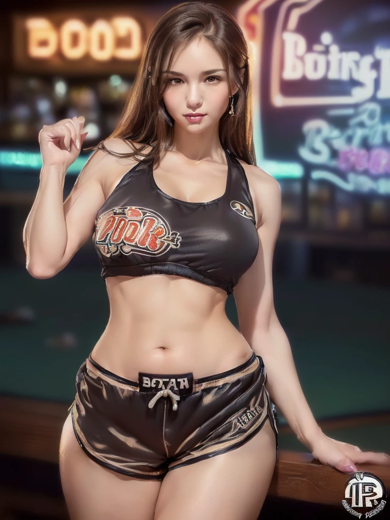 masterpiece,Highest quality,Very detailed,High resolution,8K,wallpaper,Perfect lighting,break(One Woman),(Mature woman working as a waiter in a sports bar:1.5),(48 years old),(Hooters),(((Very small tank top:1.5))),((The tank top features the sports bar logo.:1.5)),(((Very small shorts:1.5))),(((Very realistic costume drawings:1.5))),(Beautiful Eyes:1.5),(Detailed face drawing:1.5),(Detailed face drawing:1.5),((Very detailedな女性の手:1.5)),(Shiny skin:1.2),break(Big Breasts:1.3),((Thick thighs:1.5)),((Sensual body:1.5)),(Sports Bar Background:1.5),(((Blur the background:1.5))),(((I worry about how men see me:1.5)))