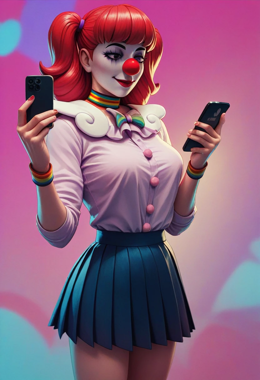 Beautiful girl in (pleated yoke skirt),with red hair (Clown tails),in neon background, without a phone in your hands, 3D wallpaper for phone.