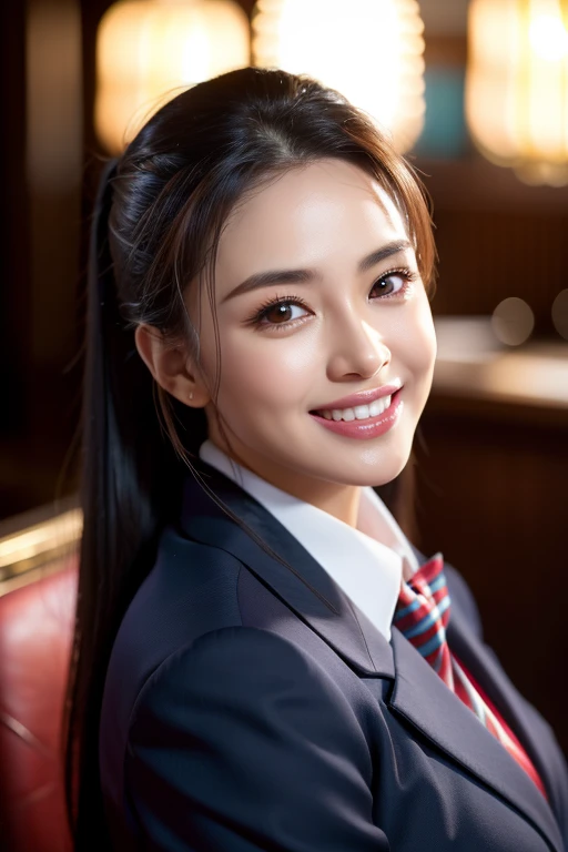 a gorgeous middle-aged busty woman, ponytail, uniform, beautiful smile showing teeth, pov, lover, cinematic lighting, (best quality,4k,8k,highres,masterpiece:1.2),ultra-detailed,(realistic,photorealistic,photo-realistic:1.37),HDR,UHD,studio lighting,ultra-fine painting,sharp focus,physically-based rendering,extreme detail description,professional,vivid colors,bokeh,portrait,photorealistic,cinematic,dramatic lighting