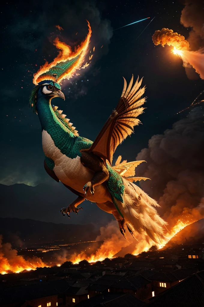 Generate a hyper-realistic image of a majestic white peacock soaring high in the sky breathing out fire like a dragon, amidst a background of intense war at night and village surrounded by fire and ashes. Capture the vivid details of the war and surrounding