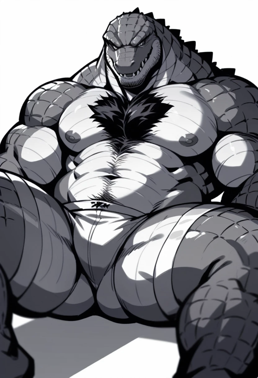 crocodile Godzilla lookalike chest hair Lie Spread your legs A faint vertical crack is visible..