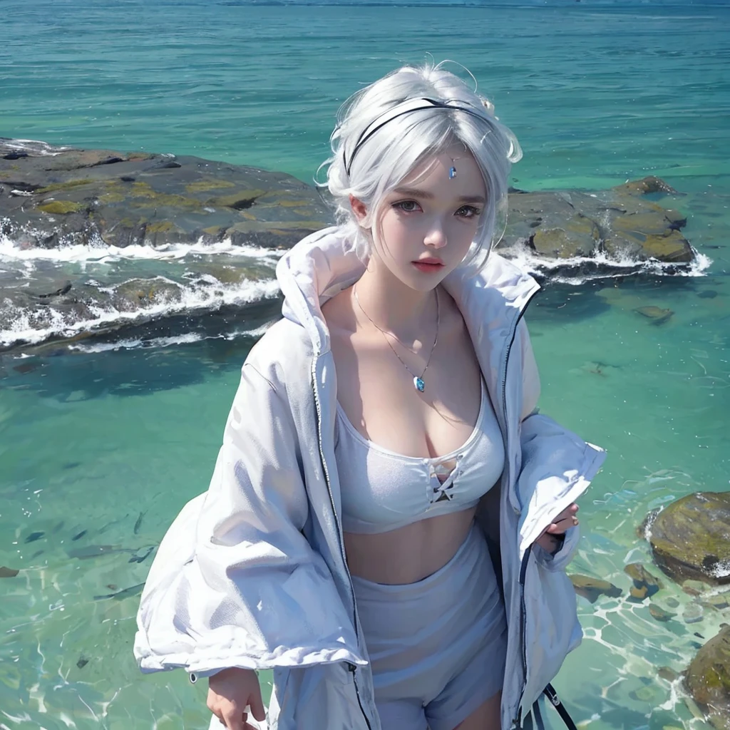 Short white hair girl, with white jacket and headband, reflected in crystal clear waters,full HD,8k,realist