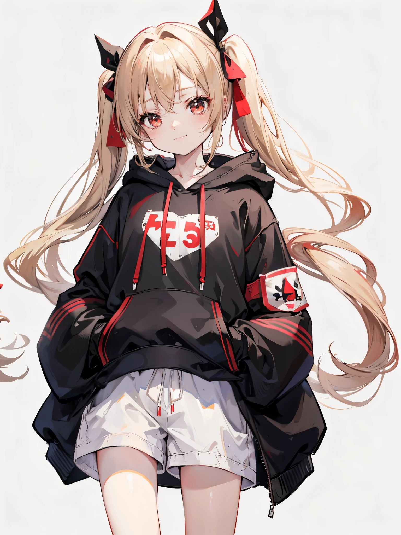 One girl in anime、Beige hair、Eye color red、Twin tails、Simple hair ribbon、Black large hoodie、Shorts、Background white、Simple background、smile、Hands in pockets