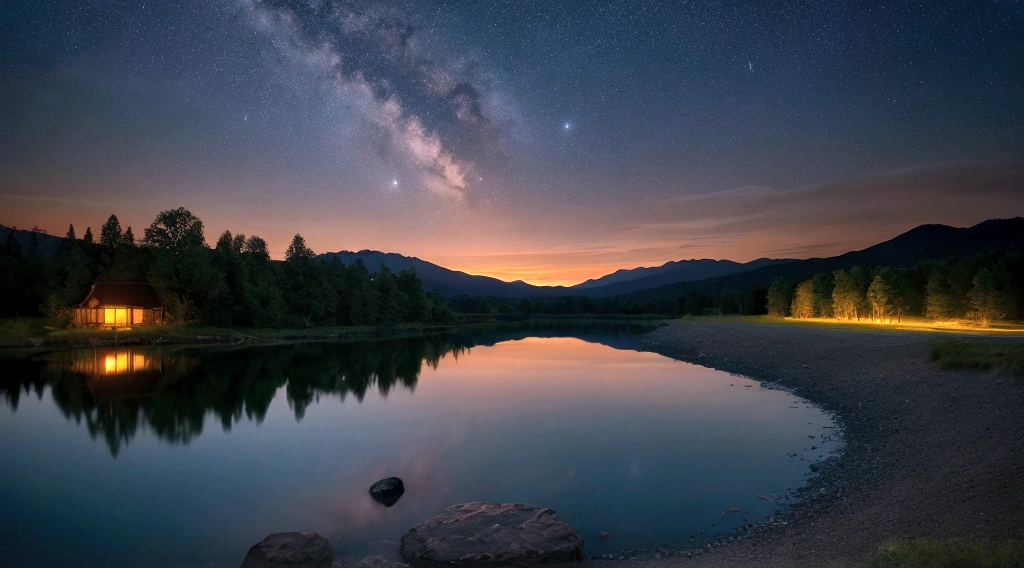 evening、lake、Reflection on the water、Moonlit Night、Beautiful sunset、Vast night sky、Peaceful、Shine、Fantasy、Cinematic、8K、Ultra HD。
