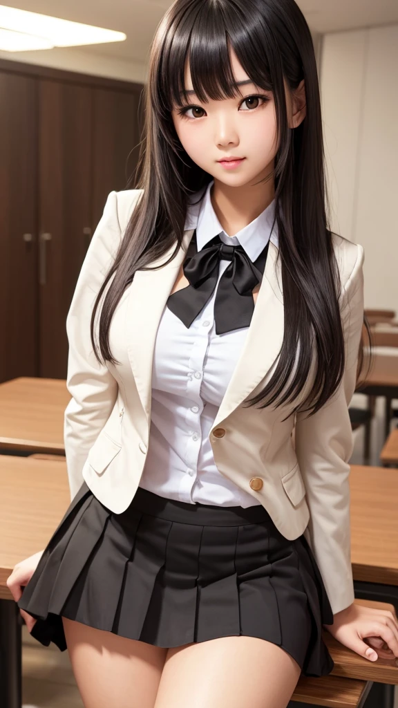 ((Tabletop)), (Detailed face), (highlight),　Asian Girl、Big breasts、thigh、Black Hair、Heavy bangs、high school girl、skirt、blazer、