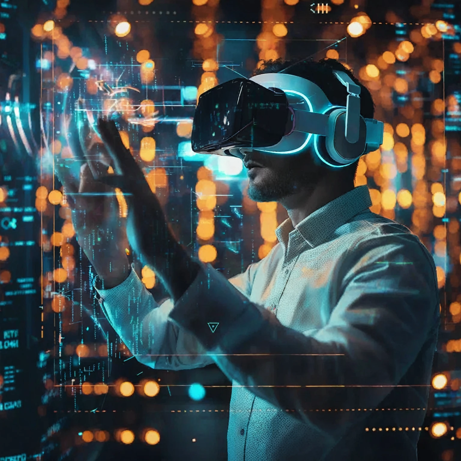 a man in a white shirt is using a virtual device, deeper into the metaverse we go, the encrypted metaverse, augmented vision, virtual metaverse room, futuristic vr headset, vr helmet on man, the image is futuristic, digital reality, computers and holograms, virtual reality metaverse engine, virtual reality, using a vr headset, vr goggles