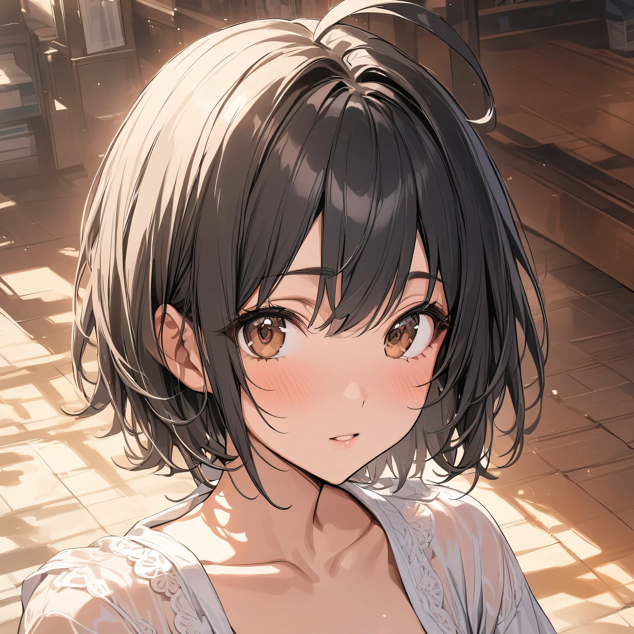 (masterpiece),(best quality),(ultra-detailed),(best illustration),(best shadow),(absurdres),(detailed background),(very aesthetic), miho kohinata, short hair, black hair, ahoge, brown eyes, portrait, veru close-up