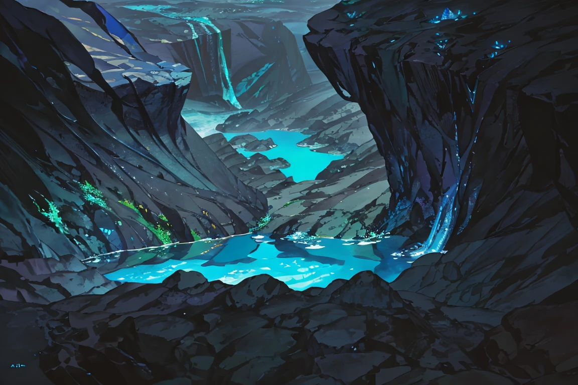 summer, blue lava rock area, blue lava rock formation, (illustration : 1.0), Narrative composition, realistic lighting, HD detail, masterpiece, best quality best, (Highly detailed CG integrated 8k wallpaper), wide and flat rocky area, A small, sharp, rough rock at the top of the screen., Blue liquid flowing through a crevice in the rock,