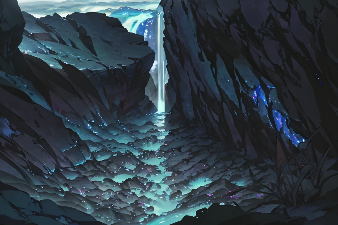summer, blue lava rock area, blue lava rock formation, (illustration : 1.0), Narrative composition, realistic lighting, HD detail, masterpiece, best quality best, (Highly detailed CG integrated 8k wallpaper), wide and flat rocky area, A small, sharp, rough rock at the top of the screen., Blue liquid flowing through a crevice in the rock,
