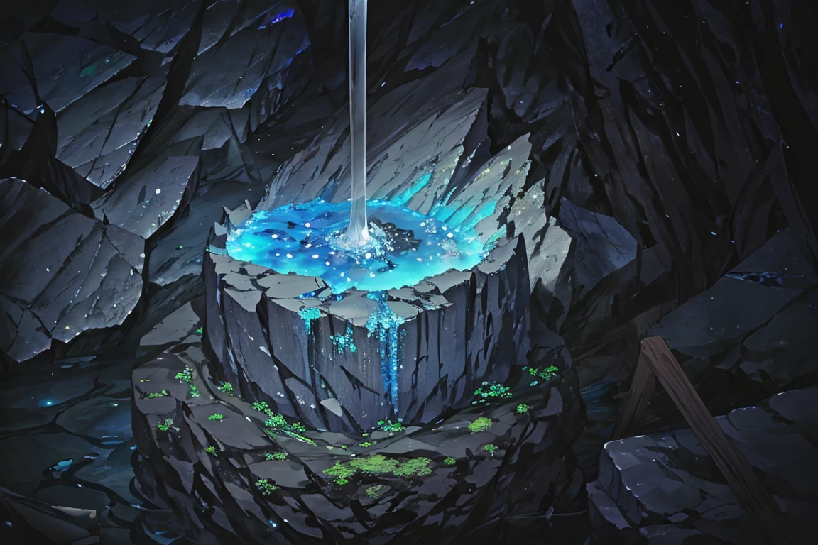 summer, blue lava rock area, blue lava rock formation, (illustration : 1.0), Narrative composition, realistic lighting, HD detail, masterpiece, best quality best, (Highly detailed CG integrated 8k wallpaper), wide and flat rocky area, A small, sharp, rough rock at the top of the screen., Blue liquid flowing through a crevice in the rock,