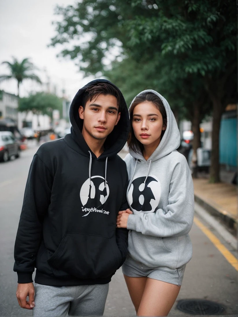 A handsome man in a hoodie is holding the hand of a beautiful woman in a hoodie. Urban street background