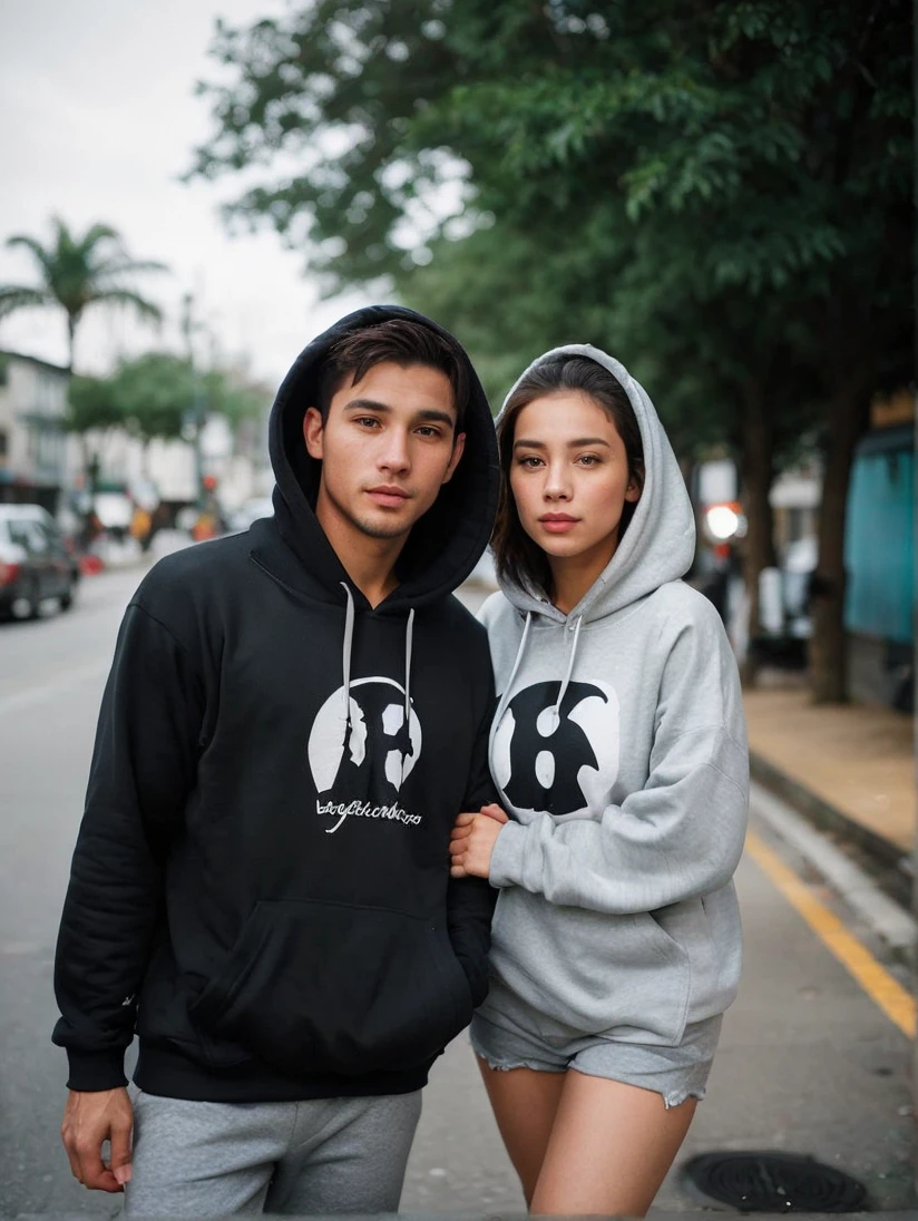 A handsome man in a hoodie is holding the hand of a beautiful woman in a hoodie. Urban street background