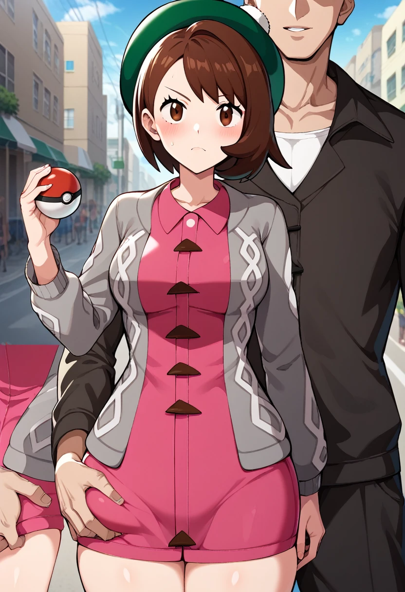 score_9, score_8_up, score_7_up, source_anime BREAK 1girl, gloria (pokemon),brown eyes, brown hair, green hat, grey cardigan, cable knit, pink dress, long sleeves, collared dress, looking at viewer, serious, standing, holding poke ball, outside, city, street, crowd, BREAK 1boy, (faceless male), size difference, medium breasts, ass grab, netorare, cheating\(relationship\), cowboy shot, close up, ((multiple views)), ass, groping, skindentation, rating_safe