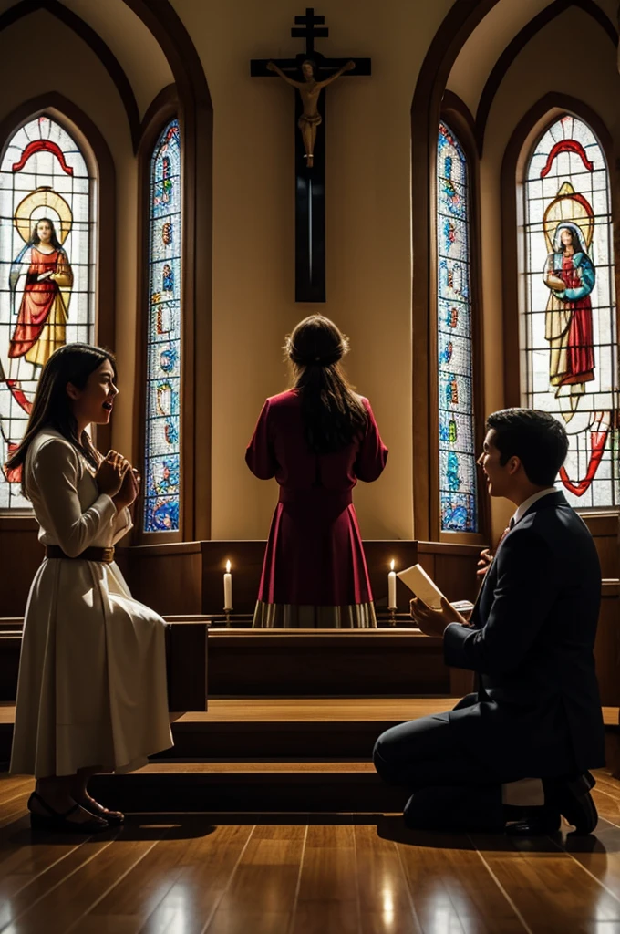 Friends praying and singing in a Catholic chapel,with much joy and devotion.