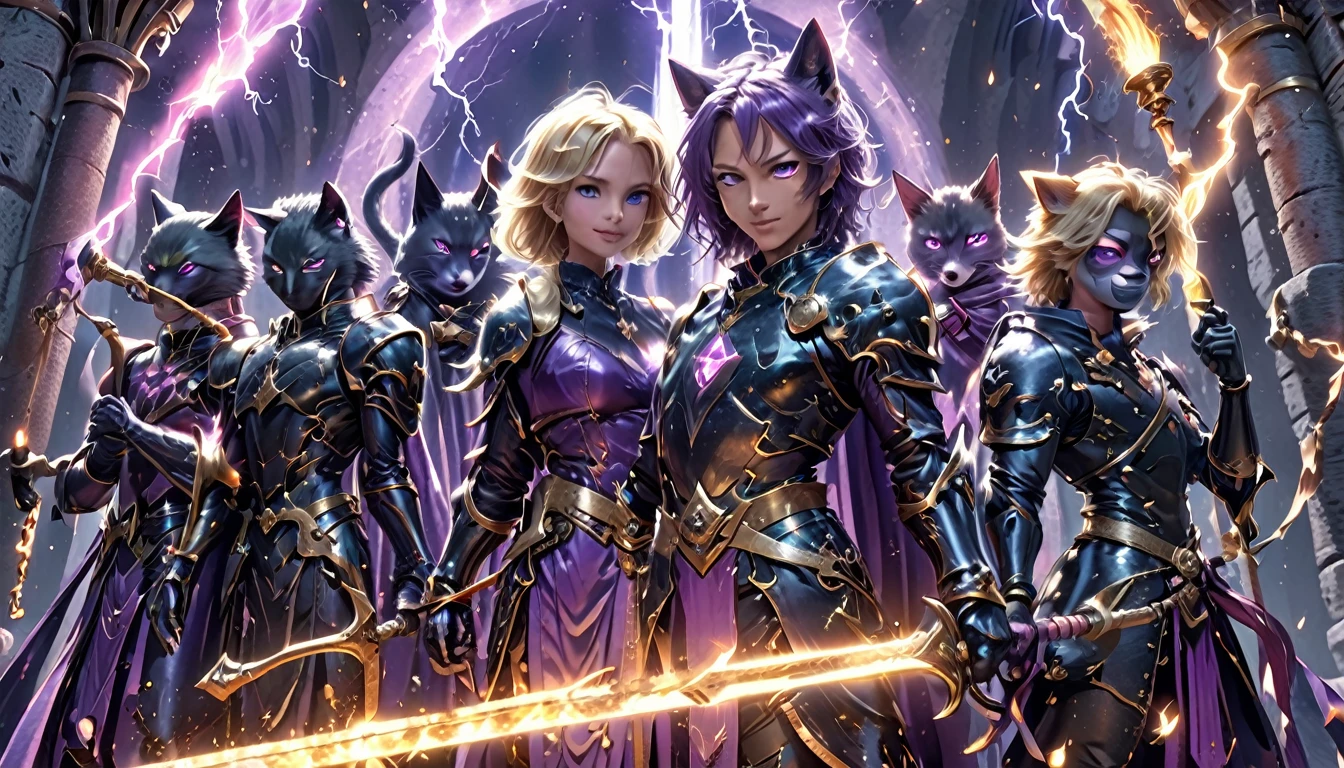 ((4 characters))、(Cat Knight、Dark armor、Holding a flaming sword)、(Monkey Warrior、A fighting pose with a lightning-charged fist)、(Shiba Inu Samurai、Black armor、Set up Japanese swords on both hands)、(Green Parrot Wizard、Witch's hat and robe、Holding a cane in both hands、A purple magic circle appears from the tip of the wand.)、In the dungeon、Twilight、4K、3DCG、High resolution with flying sparks, masterpiece, Highest quality, Super detailed, Super detailed, Ultra-realistic,
 Top view from drone、 3D Fluffy, Cute big round reflective eyes,, Pixar Rendering, Unreal Engine Cinematic Smooth, Exquisite detail, A scene from a movie，