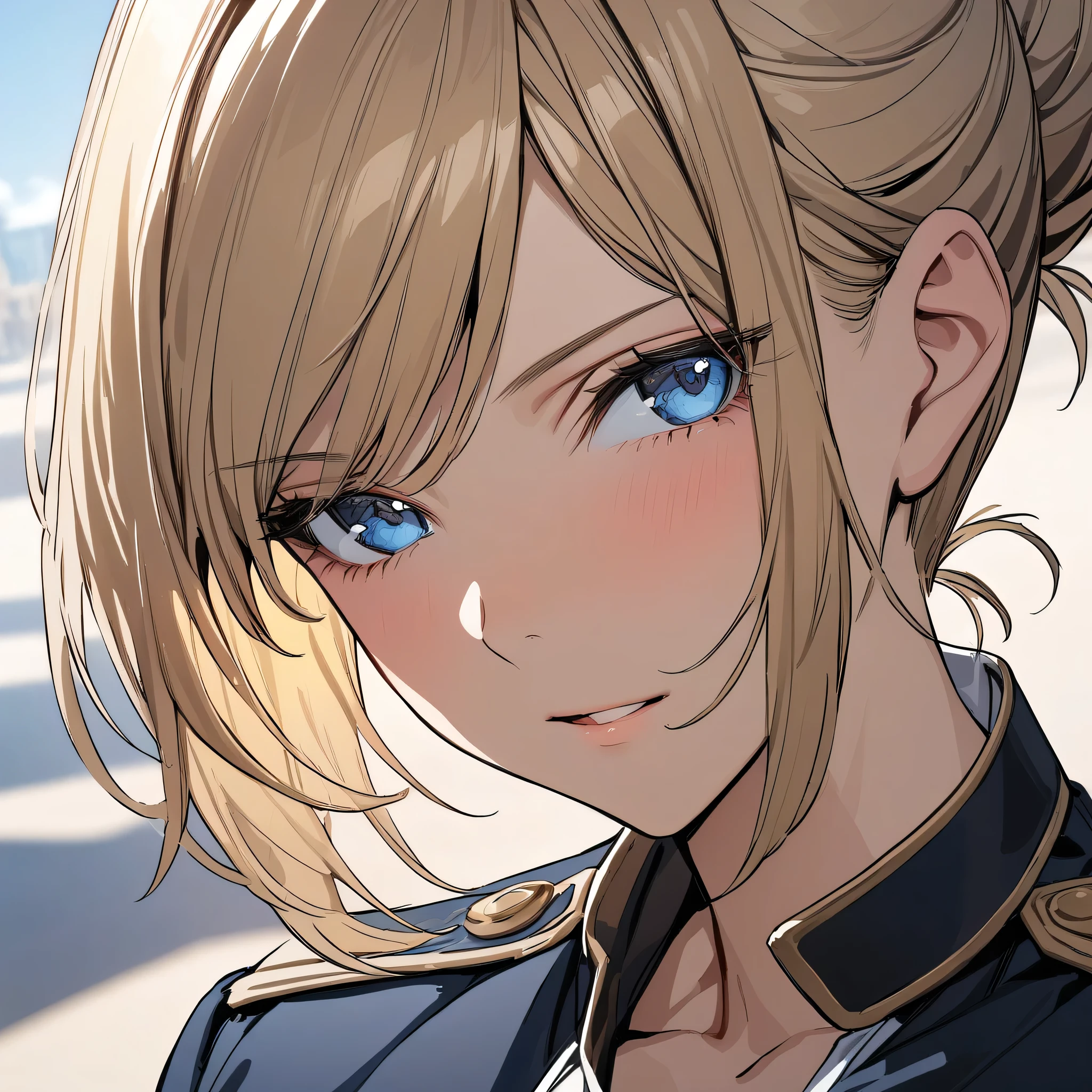 (masterpiece),(best quality),(ultra-detailed),(best illustration),(best shadow),(absurdres),(detailed background),(very aesthetic),seri awashima, blue eyes, blonde hair, large breasts, cleavage, uniform, military uniform, military, short hair, hair bun behind back, portrait, very close-up, 