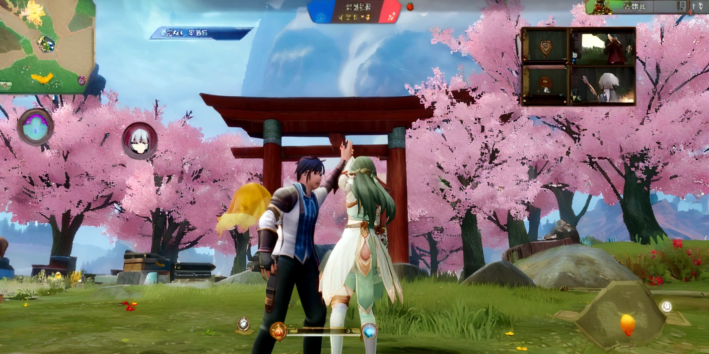 Arafed image of a man and woman standing in front of a door., In the game, In the game, How to Play screenshot with ui, In the game, game screenshot, pc game with user interface, in-game image, In the game screenshot, <mmorpg scene, game screenshot, computer screenshot, How to Play, How to Play screenshot, ethereal and wick theme, How to Play still