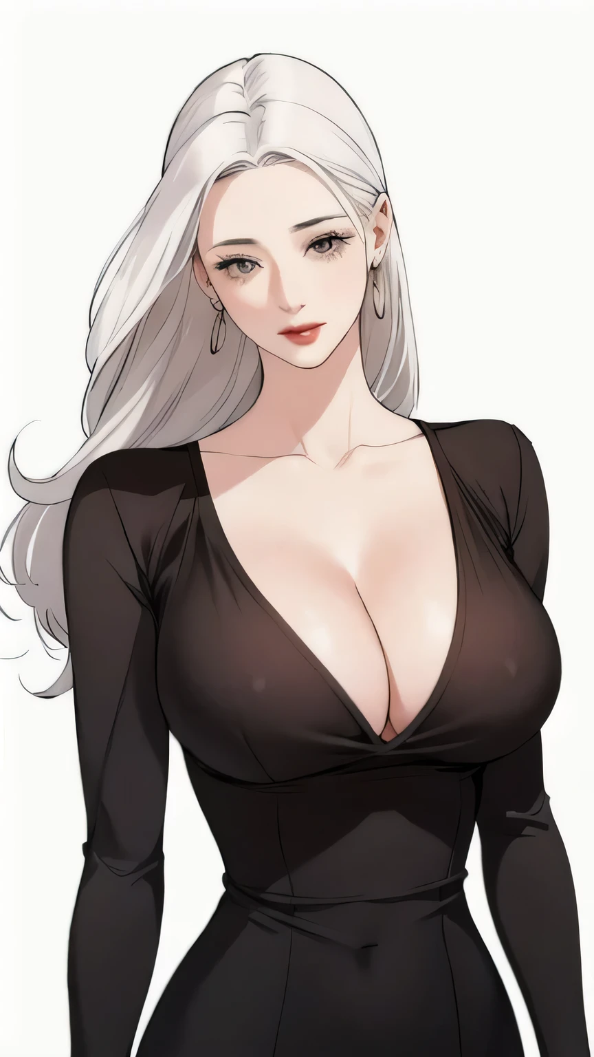 diona shin, standing, portrait, red lips, nsfw,  standing, portrait,  (masterpiece, best quality), solo, looking at viewer, upper body, standing, fw.dona.shin, mature female, sexy, hot, white hair, diona shin, white background, white hair, very soft breast  , soft breast , milf, milf face, tease, detail face, cleavage , large breast, perky breasts, portrait, cowboy shot, square lips, long hair, very long hair, white hair, curly hair, earrings , smirk, chubby , milf, milf face, 