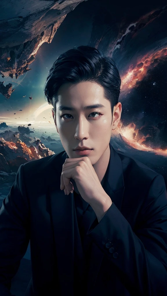 Arafed picture of a man in a suit and tie looking at the camera, cai xukun, Key Art, Inspired by Lee Joong Keun, Handsome, Inspired by Zhang Han, Inspired by Liang Kai, Haise Jinyao, Extreme Drama, Promotional portrait, Known Space Emperors, Mr. Jia, A strange portrait of the Milky Way, Inspired by Raymond Han