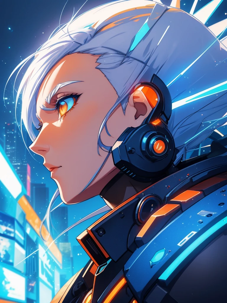 white hair, blue hair, orange hair, gradient hair, orange eyes, from side, profile picture, cyberpunk background, robotic, hair flowing over, volumetric lighting, light particles, sparkling eyes, dystopian, colorful