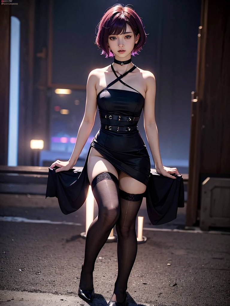(masterpiece, best quality), 1girl, beautiful face, purple red hair, short hair, bangs, torn clothes, torn legwear, black dress, black thighhighs, solem, stoic face, itricate details, dark atmosphere,