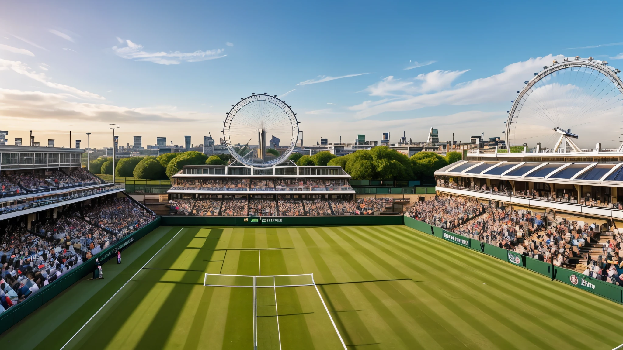 a panoramic view of LONDON Wimbledon striped tennis court in on a sun day, where golden light bathes the iconic clay courts. Without players. The stadium’s modern yet elegant architecture frames the action against the London city skyline with london eye. This panoramic view captures the timeless allure of tennis and the vibrant spirit of London on a bright day