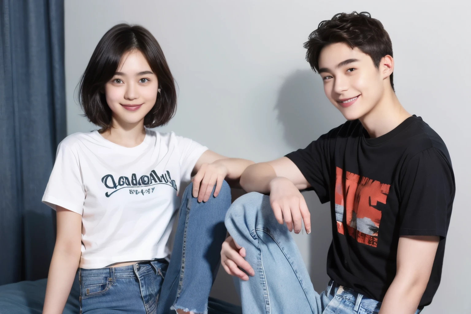 249 (An 18-year-old female and an 18-year-old male), (short hair),kind, lipstick, (Jeans andTshirt), smile