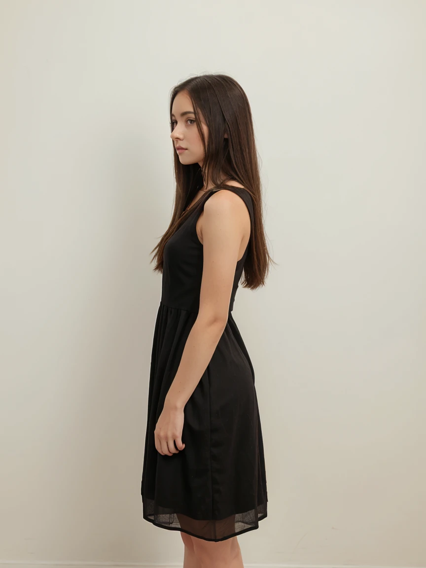 Girl standing, wearing black dress, white wall background,