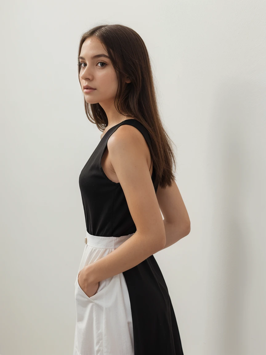 Girl standing, wearing black dress, white wall background,